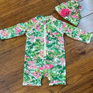 Janie and Jack Floral Rash Guard and Hat